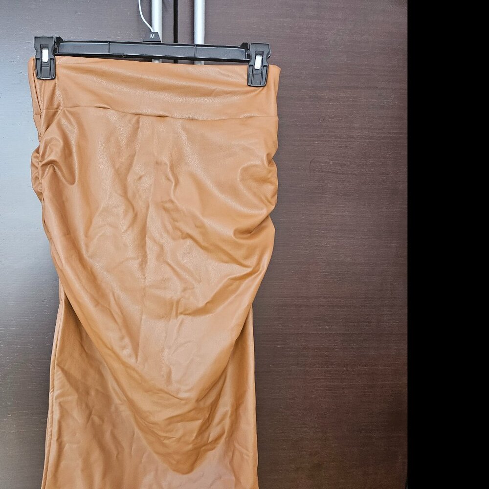 High Waisted Tummy Control Ruched Curved Hem 2-in-1 Fleece PU Midi Bodycon Party